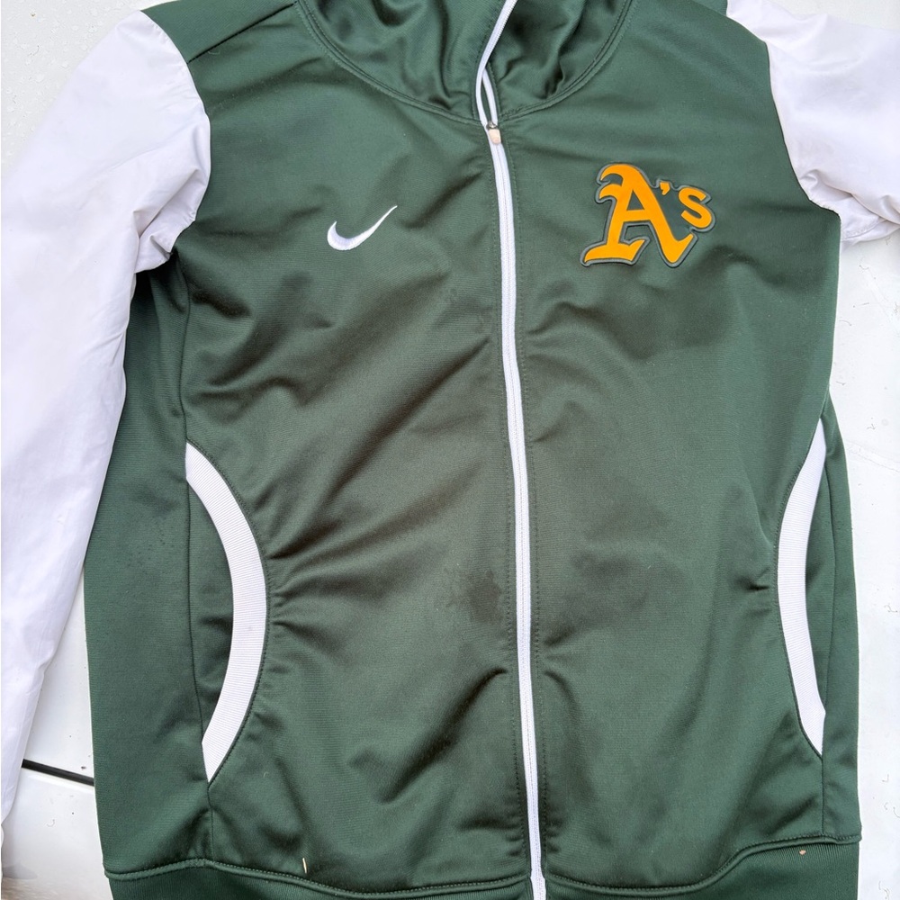 Nike Green and White Oakland A's Zip varsity track Jacket with Yellow Logo